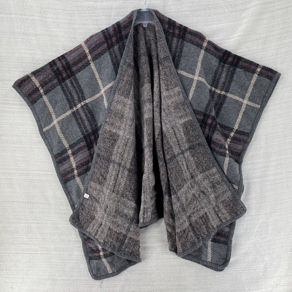 Plaid Poncho Blanket Wrap Shawl Cape‎ Womens One Size Gray - Picture 1 of 12